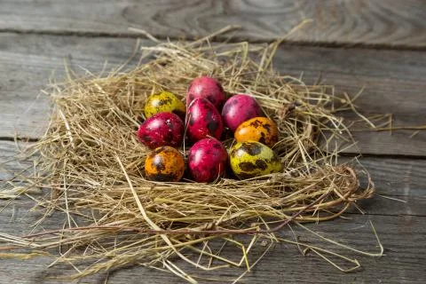 .Painted easter eggs in a makeshift straw nest on a wooden background Foto stock