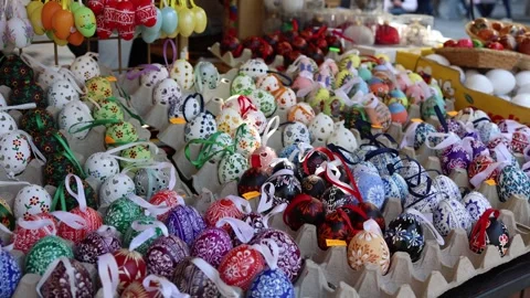 Painted Easter eggs on market stall festive display Stock Footage 331812166