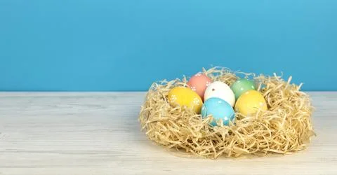 Painted Easter eggs in a nest on a blue background. Place for text. The concept Stock Photos