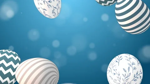 Painted Easter eggs with patterns fall down. Blue looped background with bokeh. Stock Footage 234689072