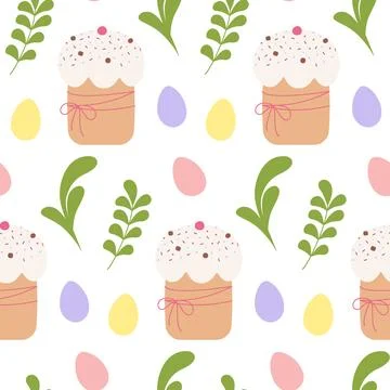 Painted Easter Eggs Sprinkled Easter Cake and green twigs Seamless Pattern Stock Illustration