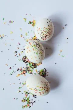 Painted Easter eggs with sprinkling with a flower of a daffodil Stock Photos
