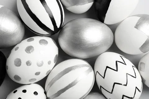 Painted Easter eggs on table, top view Stock Photos