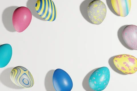 Painted Easter eggs in trendy colors 2021. Flat lay, copy space, 3D render Stock Illustration