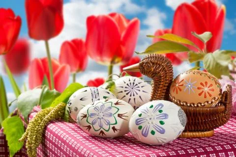 Painted Easter eggs with tulips in the garden Stock Photos