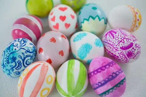 Painted Easter eggs on white background 库存照片