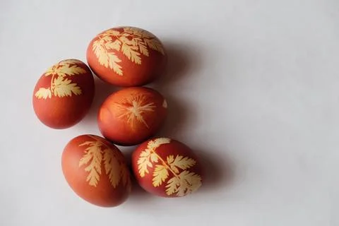 Painted Easter eggs on a white background. Floral pattern on a red eggshell. 스톡 사진