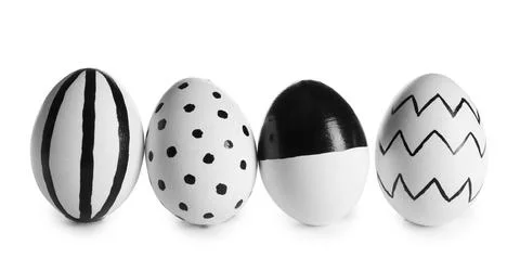 Painted Easter eggs on white background. Stylish design 스톡 사진