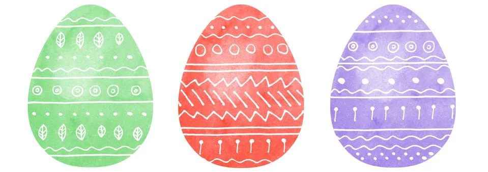 Painted Easter eggs with white hand-drawing ornament. Set of three. Red, purple Stock Illustration