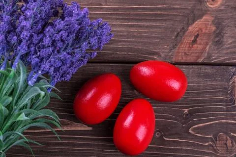 Painted Easter eggs on a wooden background. Stock Photos