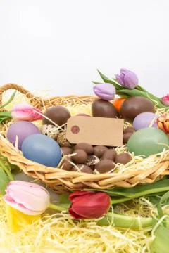 Painted eggs for Easter and tulips for the arrival of Spring in a wicker basket Stock Photos