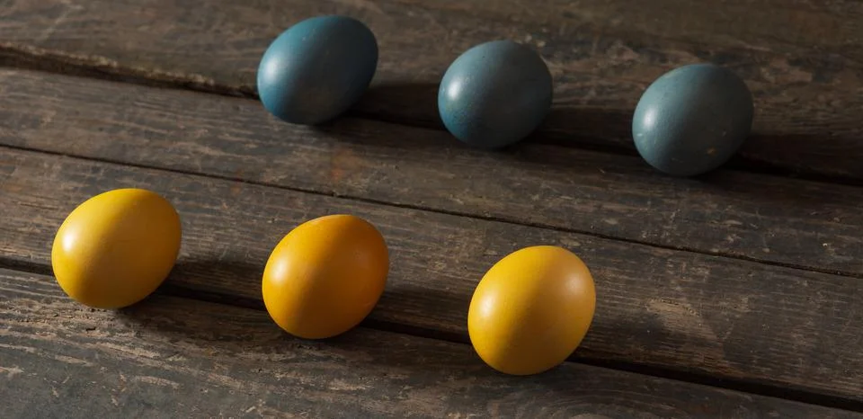 Painted eggs for Easter in the colors of the flag of Ukraine. Yellow and blue Stock Photos