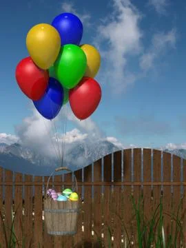 Painted eggs at easter fying with ballons Stock Illustration