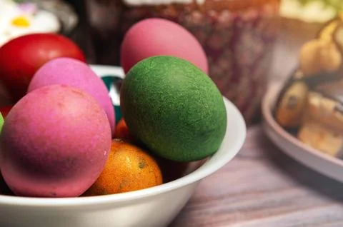 Painted eggs on the Easter holiday table. Easter brunch with eggs and pastr.. Stock Photos