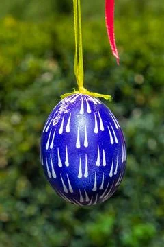 Painted eggs hang from the branches of the Easter tree. The focus is on a yel Stock Photos