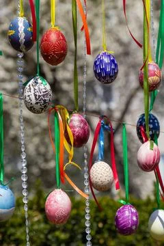 Painted eggs hang from the branches of the Easter tree. The focus is on a yel Stock Photos