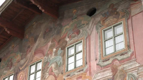 Painted facade at house in Mittenwald, Germany. Winter, Christmas time. Stock Footage 32938705