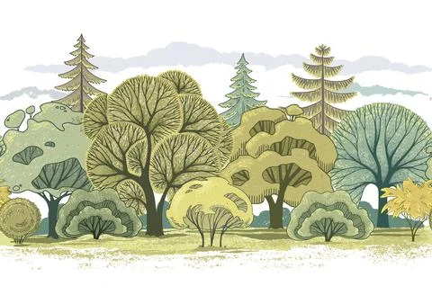 The painted forest with different kinds of trees is very detailed. Stock Illustration