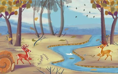 Painted forest, stream, two deer in a clearing Stock Illustration