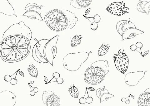 A painted fruit background of different fruits and berries. Stock Illustration