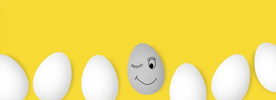 Painted gray egg between white eggs on a yellow background 스톡 일러스트