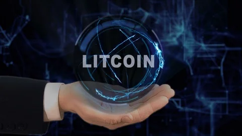 Painted hand shows concept hologram Litcoin on his hand Stock Footage 88557760
