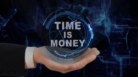 Painted hand shows concept hologram Time is money on his hand Stock Footage 88561194