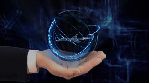 Painted hand shows concept hologram 3d jet on his hand Stock Footage 96989582