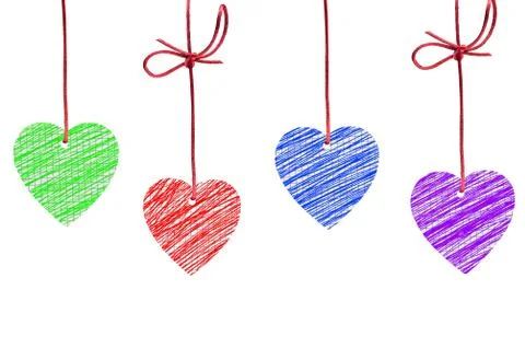 Painted hearts hanging on the white background Stock Illustration