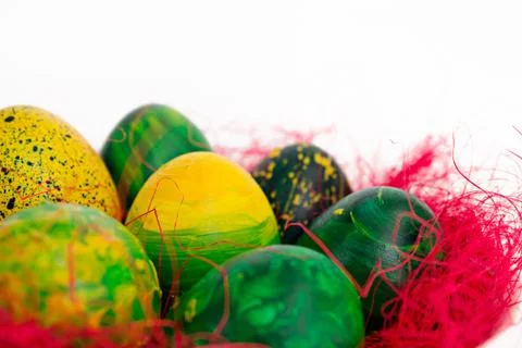 Painted Holiday Egg in a Dish. Easter Concept Stock Photos