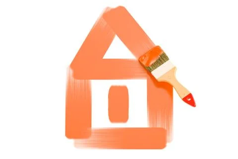 Painted house with paintbrush, 3D rendering Ilustración de archivo