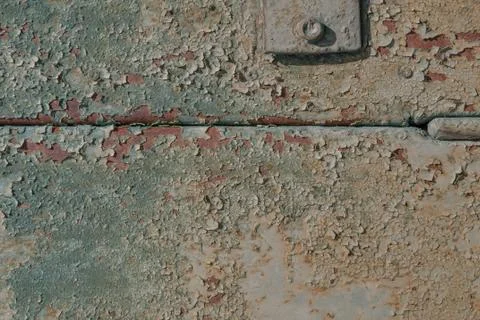 Painted iron surface with a large rusty and metal corrosion, chipped paint Stock Photos