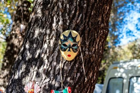 Painted masquerade mask hanging on tree trunk outdoors Stock-Fotos