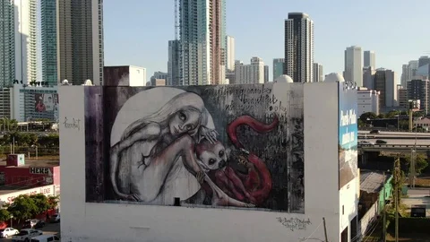 Painted mural wall beside the elevated freeway in Miami, Florida 库存影片 100113469