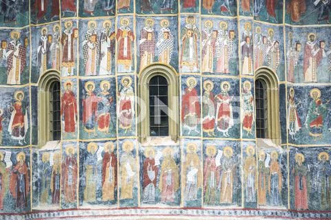Painted murals at Sucevita Monastery, a Gothic church, one of the Painted Stock Photos