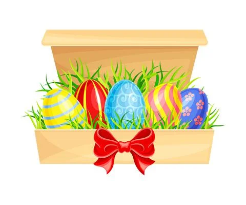 Painted or Foiled Easter Eggs or Paschal Eggs Rested in Carton Package on Green Stock Illustration