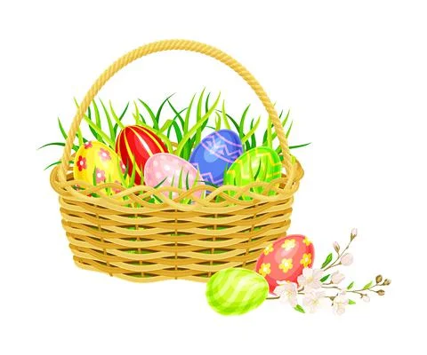 Painted or Foiled Easter Eggs or Paschal Eggs Rested in Wicker Basket in Green Stock Illustration