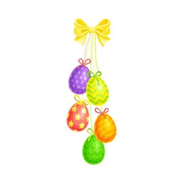 Painted or Foiled Easter Eggs or Paschal Eggs Hanging on String with Bow Vector Stock Illustration