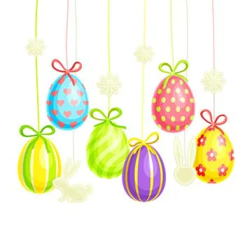 Painted or Foiled Easter Eggs or Paschal Eggs Hanging on String with Bow as 库存插图