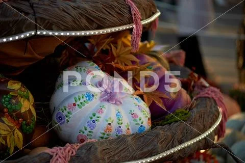 Painted pumpkin.The contest for the harvest festival. Stock Photos