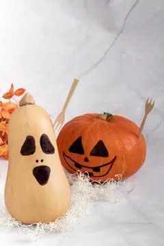 Painted pumpkins with jack o lantern faces for Halloween Stock Photos