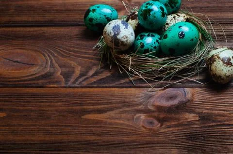 Painted quail eggs in nest over rustic wooden background Stock Photos