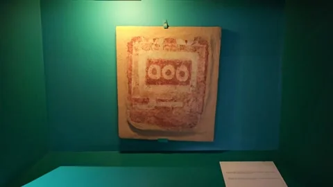 Painted Relief Panel In Green Museum Alcove, Teotihuacan, Mexico 8K Video stock 340375707
