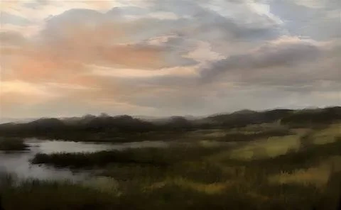 Painted river surrounded by trees under cloudy sky Stock Illustration