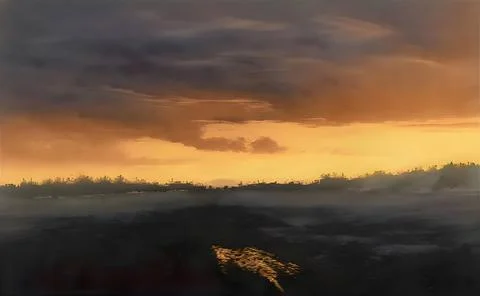 Painted river surrounded by trees under cloudy sky during sunset Stock Illustration