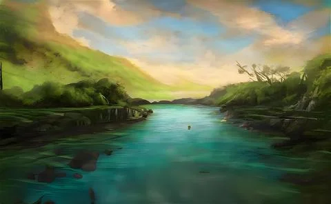 Painted river surrounded by trees under cloudy sky Stock Illustration