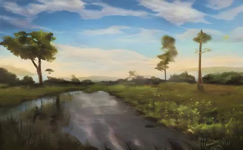 Painted river surrounded by trees under cloudy sky Stock Illustration