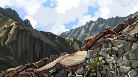 Painted rocky slope at the top among the mountains Stock Illustration