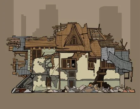 Painted ruined a two storey whitewashed house Stock Illustration