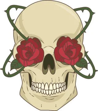 Painted skull with red roses Stockillustratie
